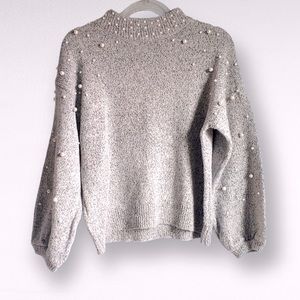 Gray Sweater with Pearl Accents